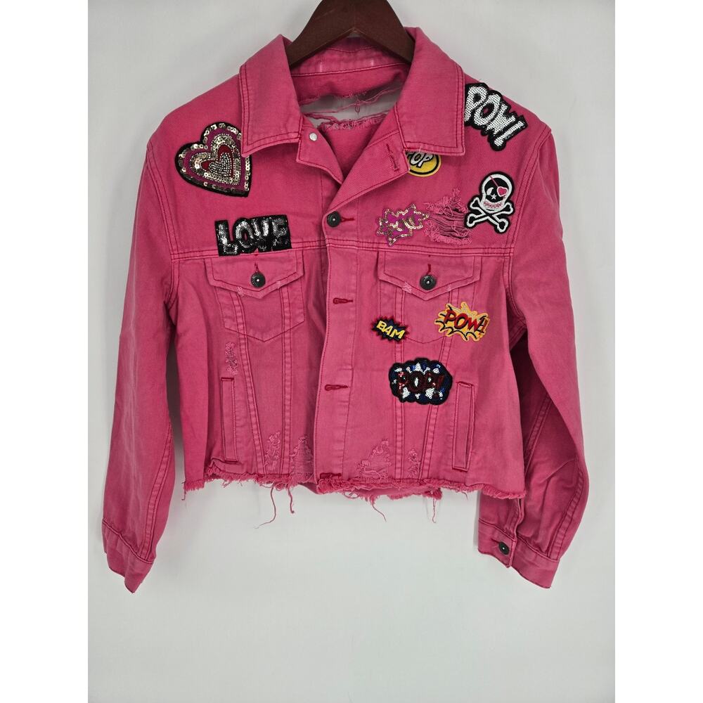 Pink Denim Jacket Slightly Cropped Patches Sequin Women's See Measurements